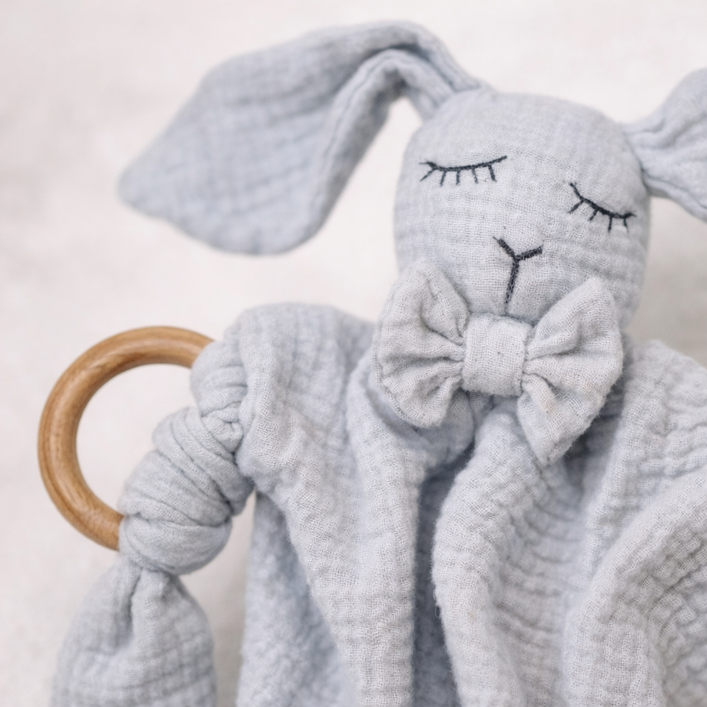 Muslin Gray Bunny Lovey with Wooden Teether