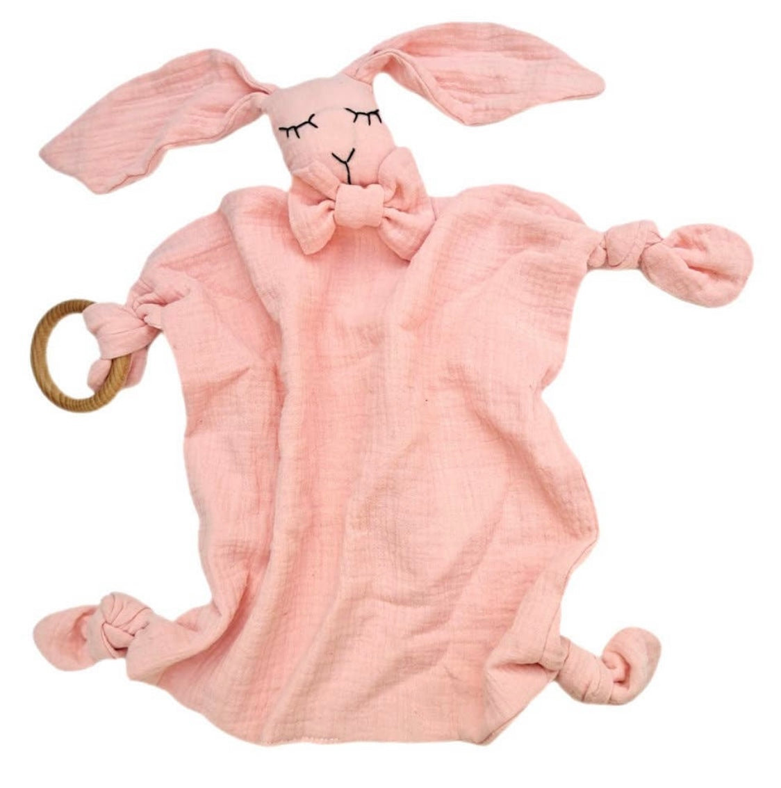 Muslin Pink Bunny Lovey with Wooden Teether