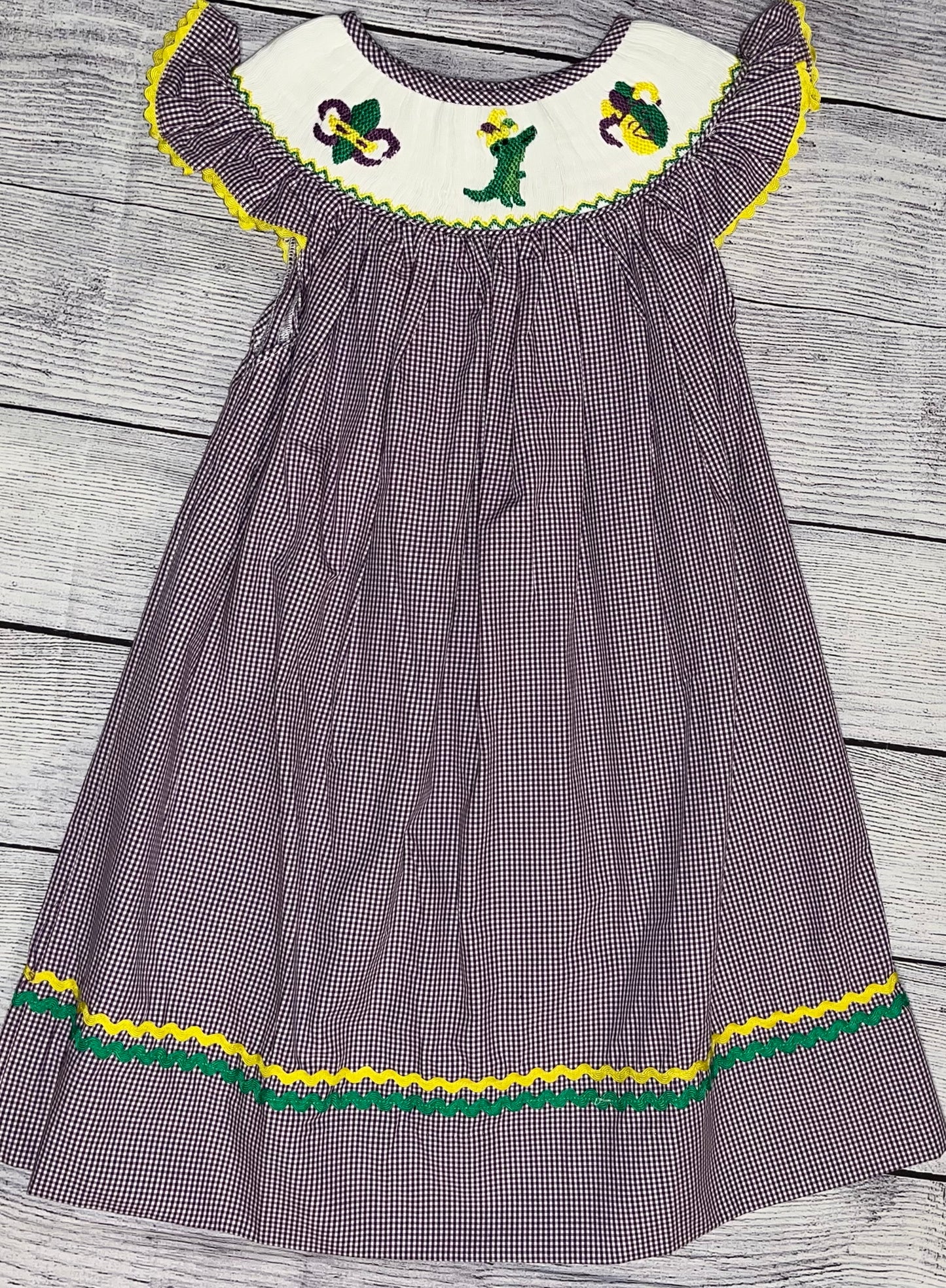 Angel-Sleeve Smocked Mardi Gras Dress