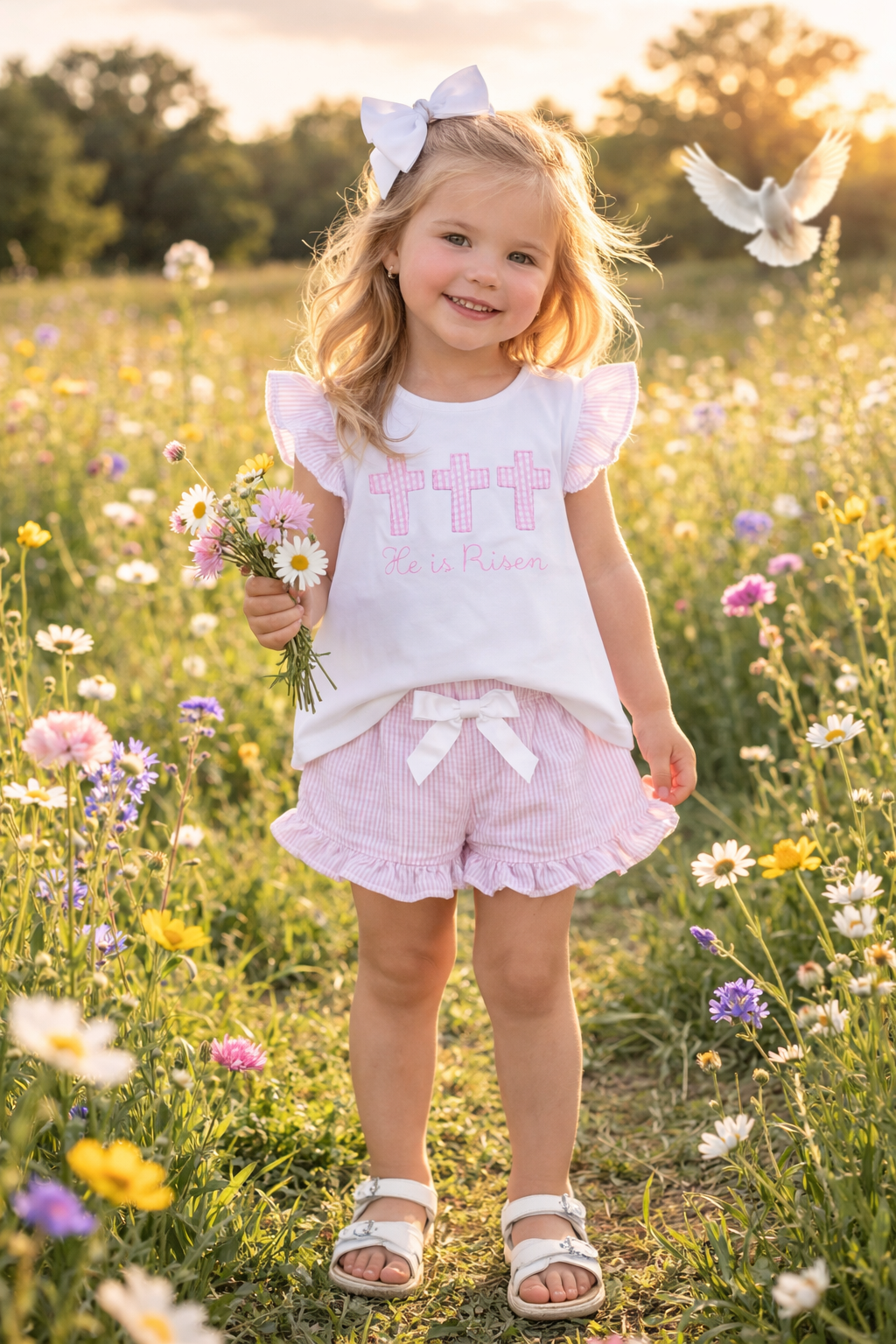 "He is Risen" Cross Appliqued Short Set