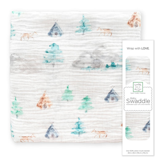 Watercolor Mountains & Trees Muslin Swaddle Blanket