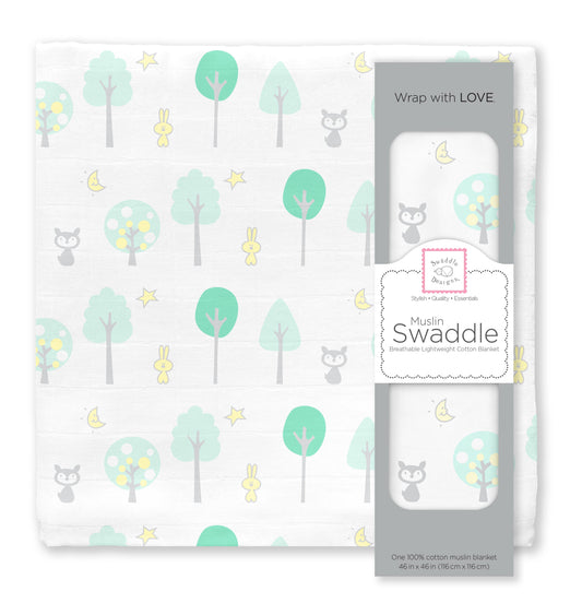 Green Woodland Muslin Swaddle Blanket