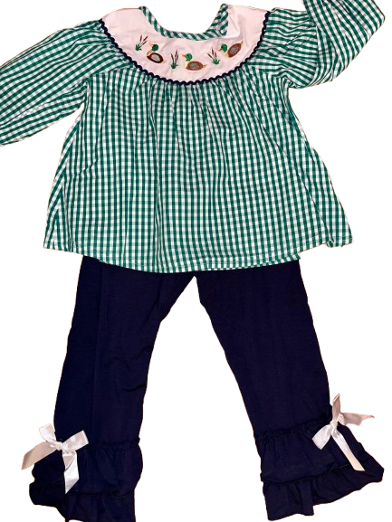Green/Navy Embroidered Duck Pant Set