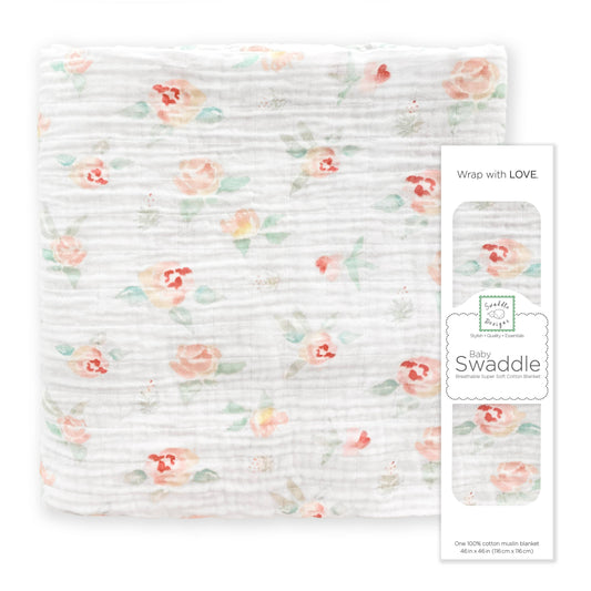 Watercolor Peachy Pink Floral Muslin Swaddle Blanket