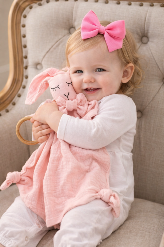 Muslin Pink Bunny Lovey with Wooden Teether