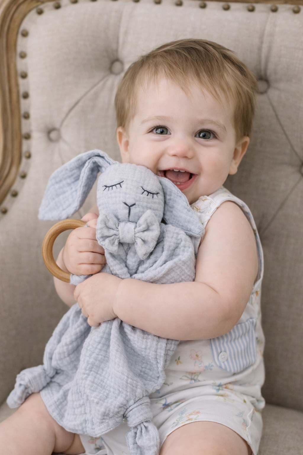 Muslin Gray Bunny Lovey with Wooden Teether