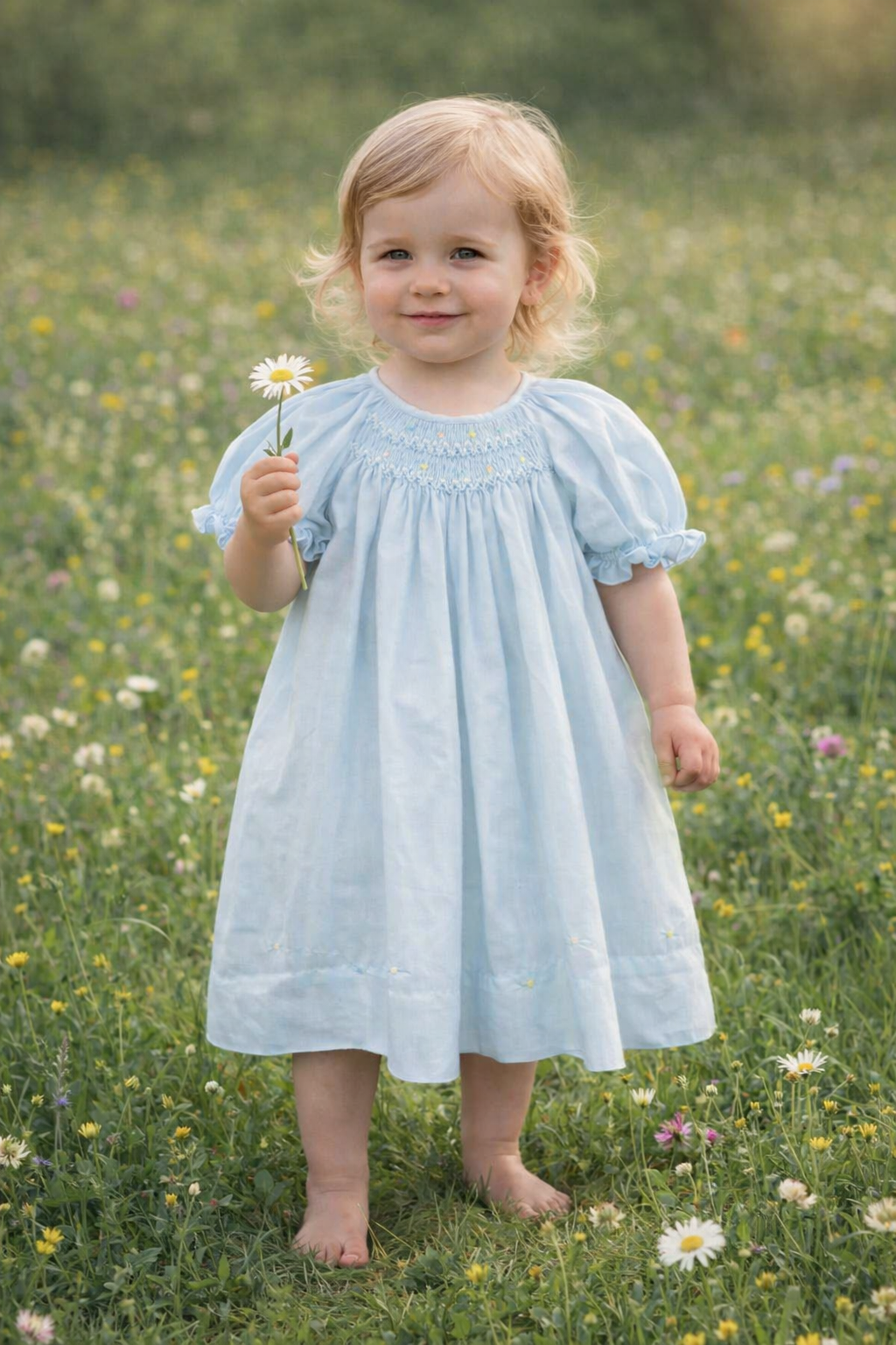 Light Blue Smocked Daygown w/ Embroidered Hem
