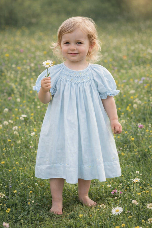 Light Blue Smocked Daygown w/ Embroidered Hem