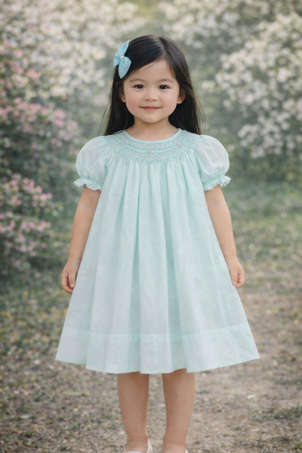 Mint Smocked Bishop Dress w/ Pearls