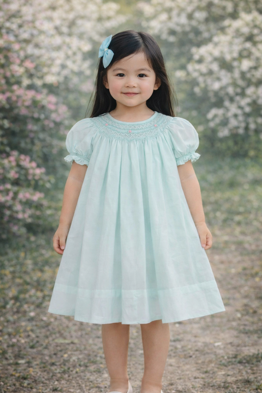 Mint Smocked Bishop Dress w/ Pearls