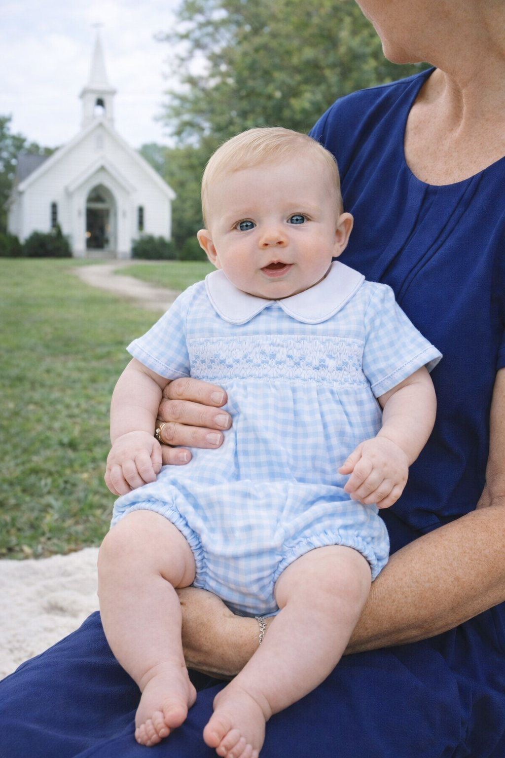 Mini Checks Smocked Collared S/S Bubble - Blue