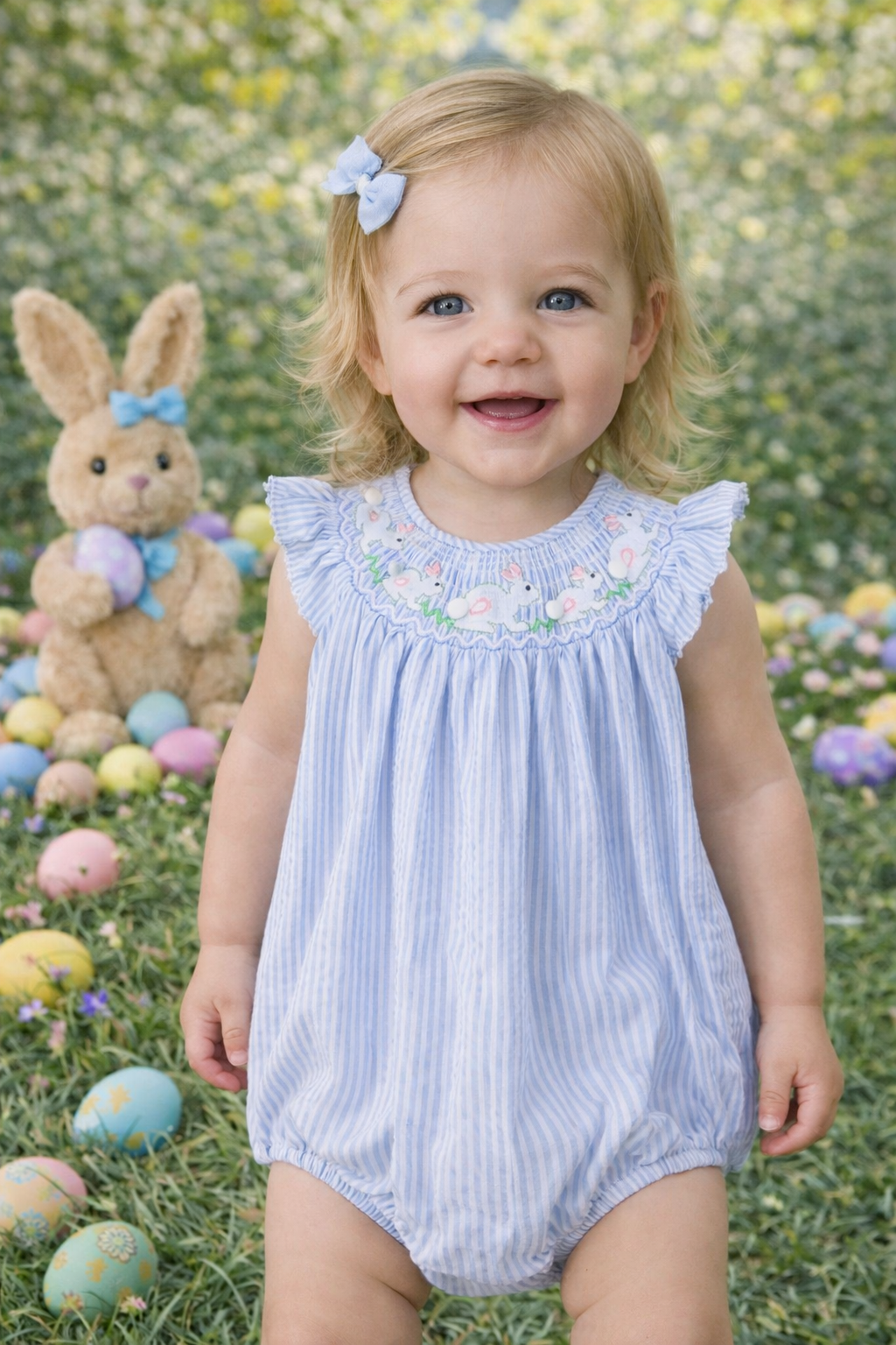 Blue Seersucker Smocked Bunnies Bubble