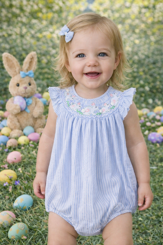 Blue Seersucker Smocked Bunnies Bubble
