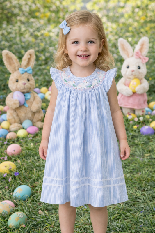 Blue Seersucker Smocked Bunnies Bishop Dress