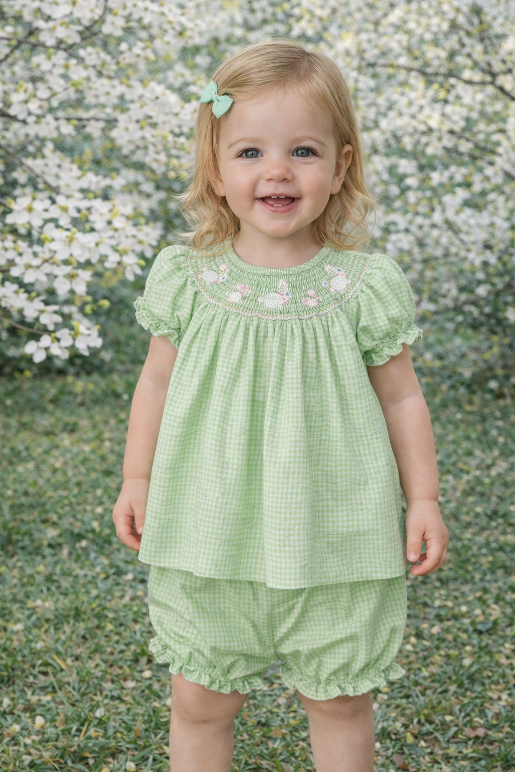 Light Green Smocked Bunny Dress w/ Bloomers