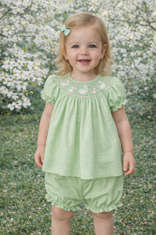 Light Green Smocked Bunny Dress w/ Bloomers