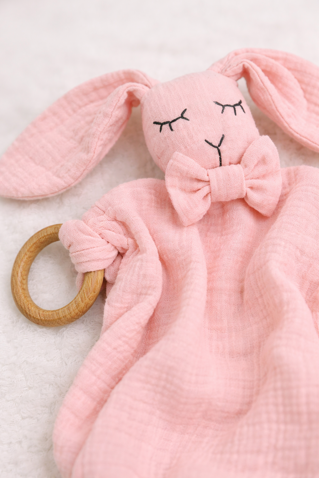 Muslin Pink Bunny Lovey with Wooden Teether
