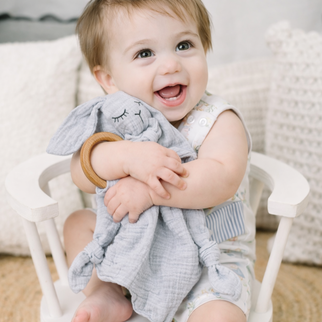 Muslin Gray Bunny Lovey with Wooden Teether