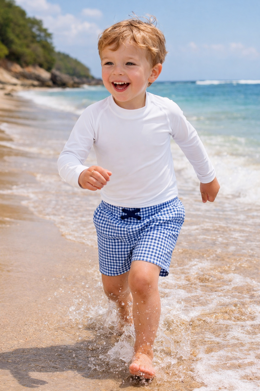 Navy Gingham Swim Trunks