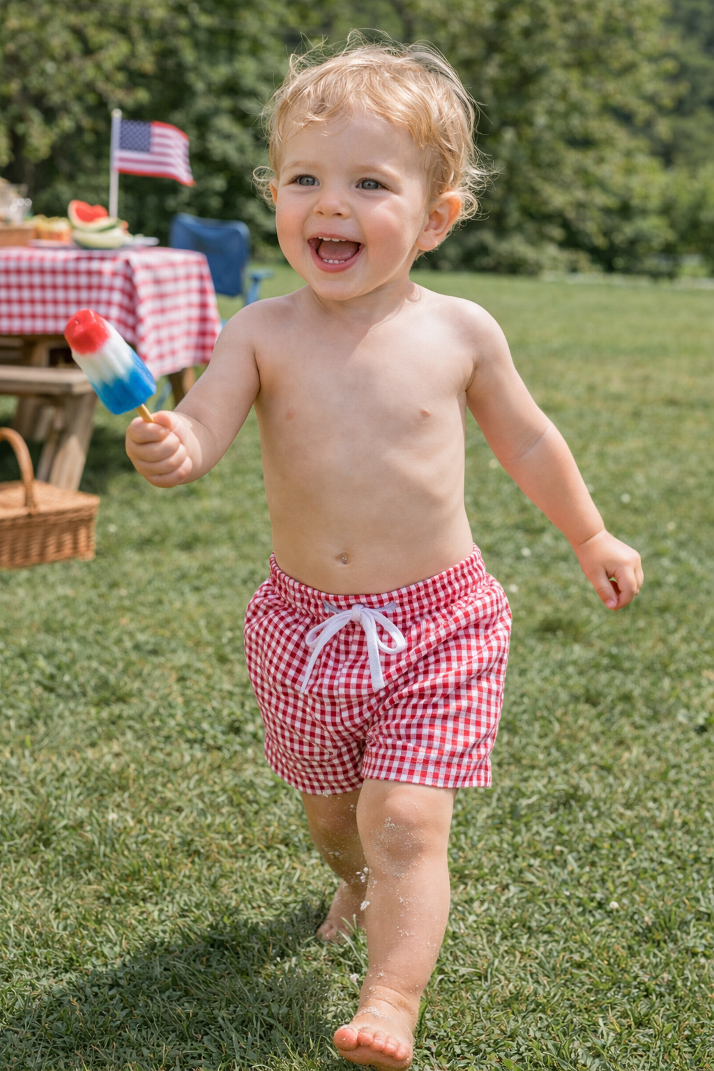 Red Gingham Swim Trunks