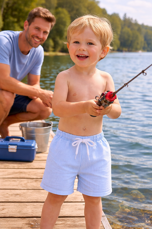 Turquoise & White Seersucker Swim Trunks