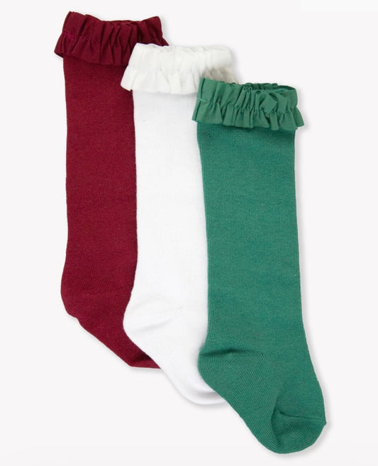 3 pair Knee High Socks (Dark Cherry/White/Fir Green)