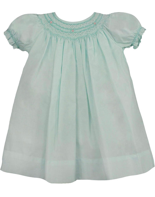 Mint Smocked Bishop Dress w/ Pearls