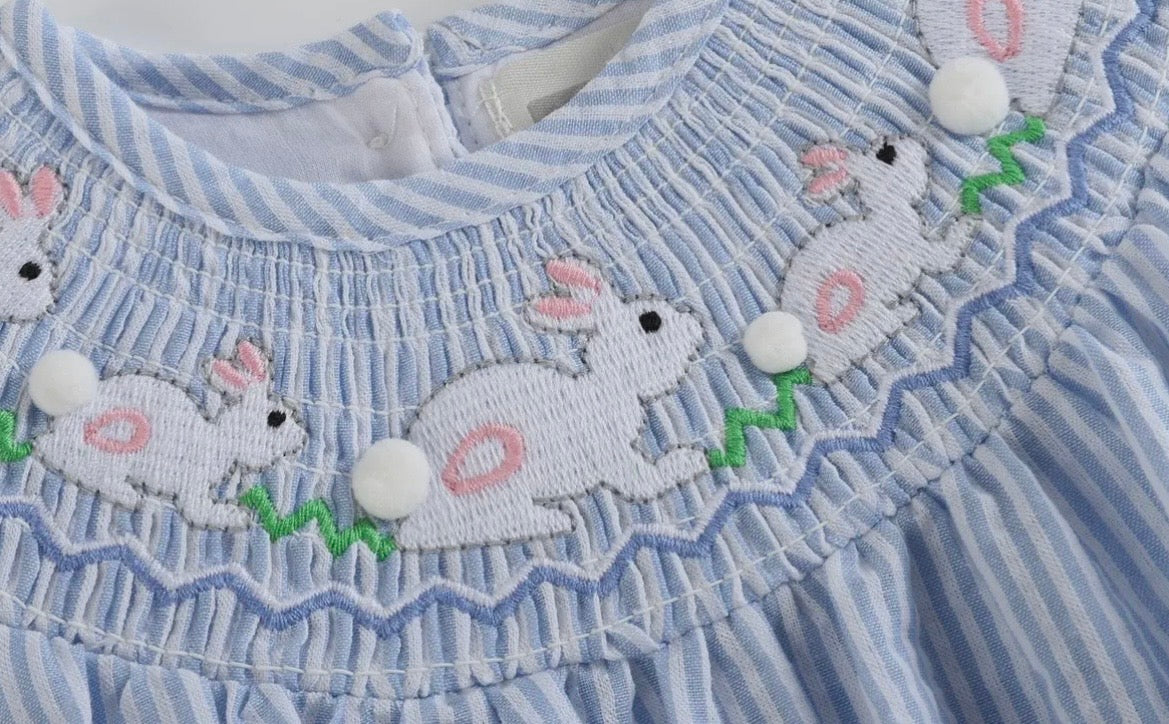 Blue Seersucker Smocked Bunnies Bubble
