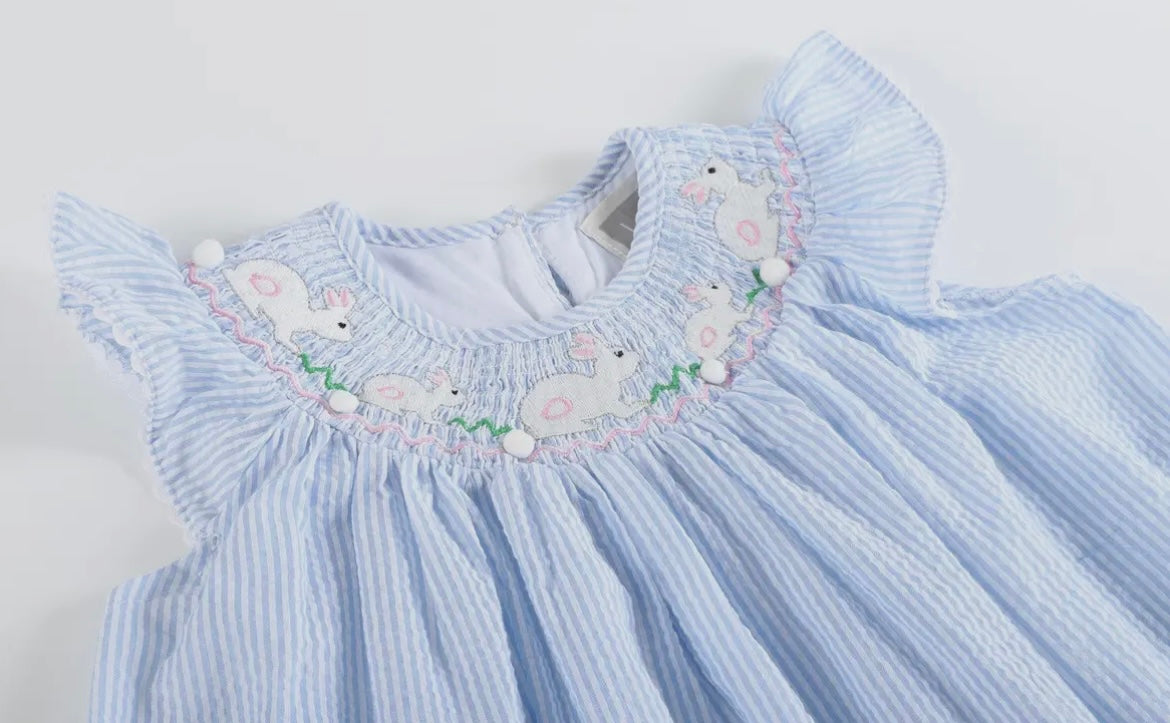 Blue Seersucker Smocked Bunnies Bishop Dress