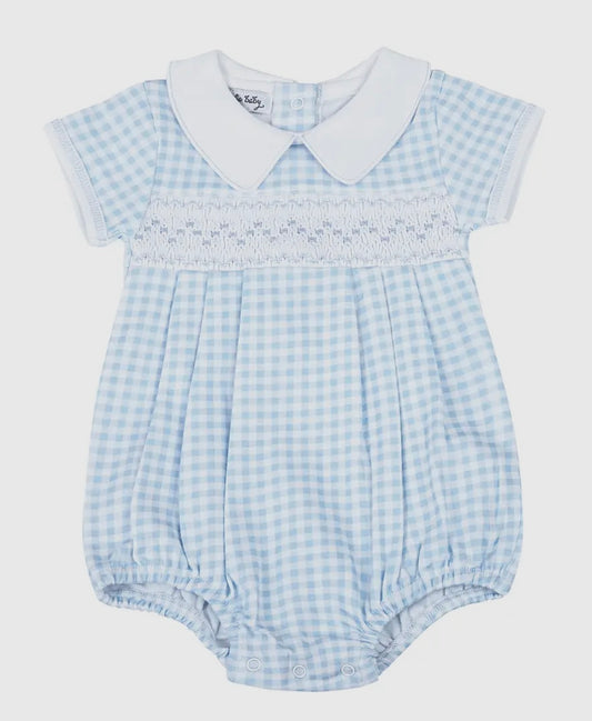 Mini Checks Smocked Collared S/S Bubble - Blue
