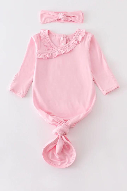 Bamboo Ruffled Baby Gown Set - Light Pink