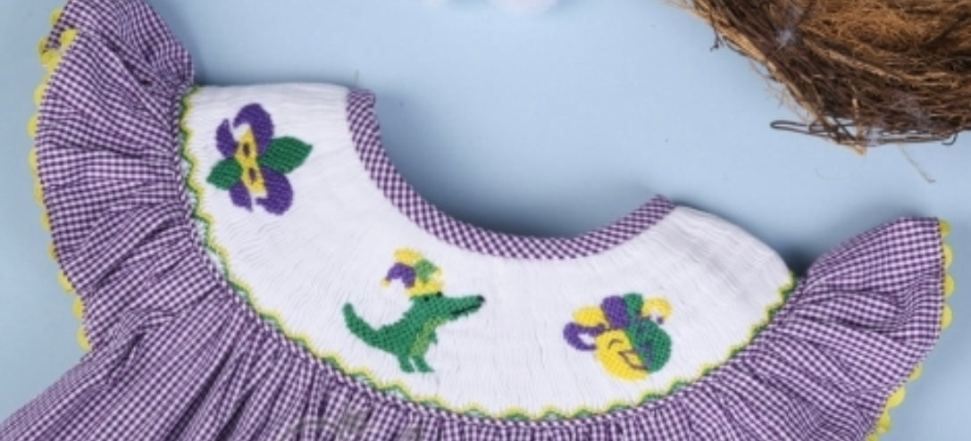 Smocked Mardi Gras Bishop Dress