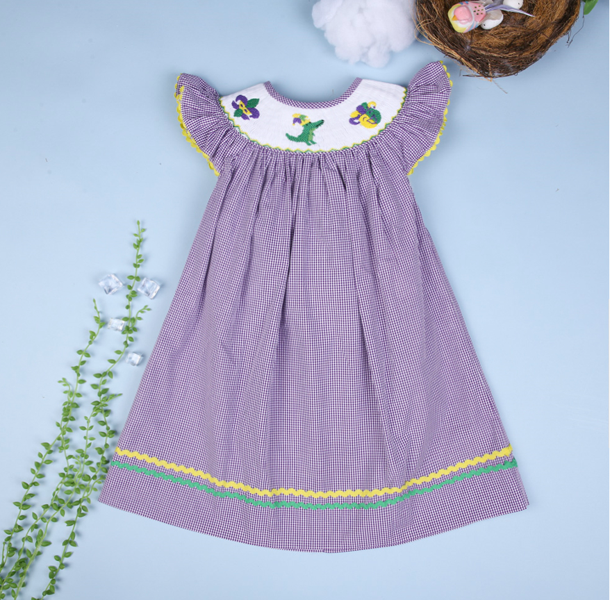 Smocked Mardi Gras Bishop Dress